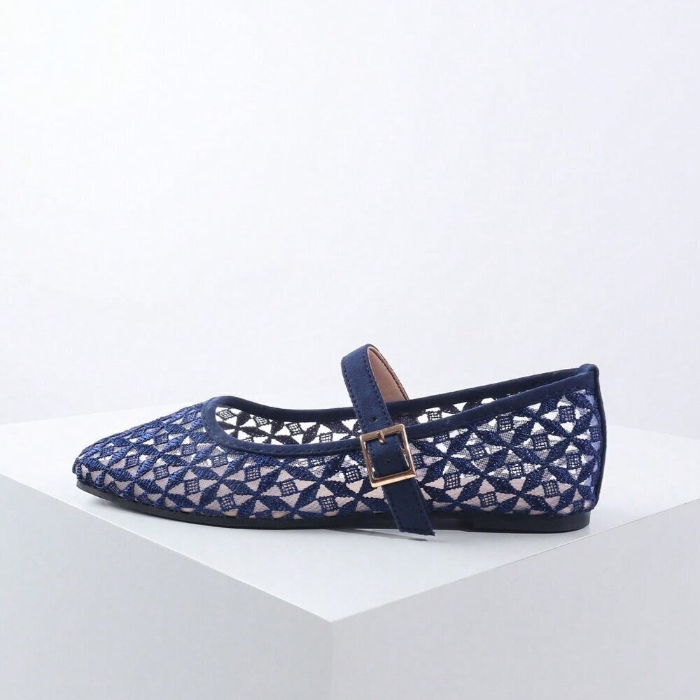 Blue Elegant Women's Woven Square Toe Slip-On Flats - Picture 6 of 7